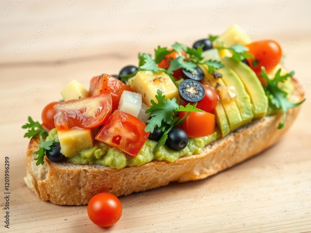 A vibrant fruit salad garnishes a crusty baguette topped with mashed avocado, cherry tomatoes, and mixed greens, cherry tomatoes, mixed greens, rustic bread A vibrant fruit salad garnishes a crusty baguette topped with mashed avocado, cherry tomatoes, and mixed greens, cherry tomatoes, mixed greens, rustic bread