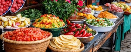 Latin american festival food. Festive Ecuadorian food festival scene with llapingachos and homestyle dishes on display