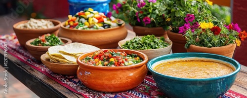 Latin american festival food. Festive Ecuadorian food festival scene with llapingachos and homestyle dishes on display