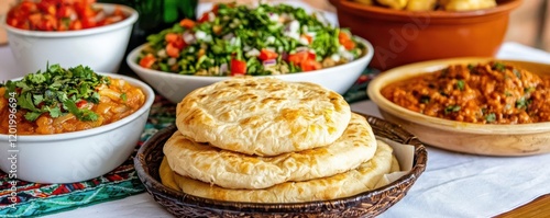Latin american festival food. Festive Ecuadorian food festival scene with llapingachos and homestyle dishes on display