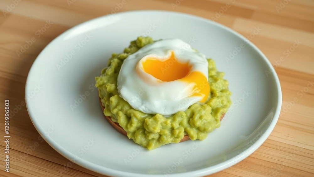 A plate with a generous serving of creamy mashed avocado, topped with a perfectly cooked poached egg, nutritious, organic A delicate china plate holds a generous scoop of ripe avocado