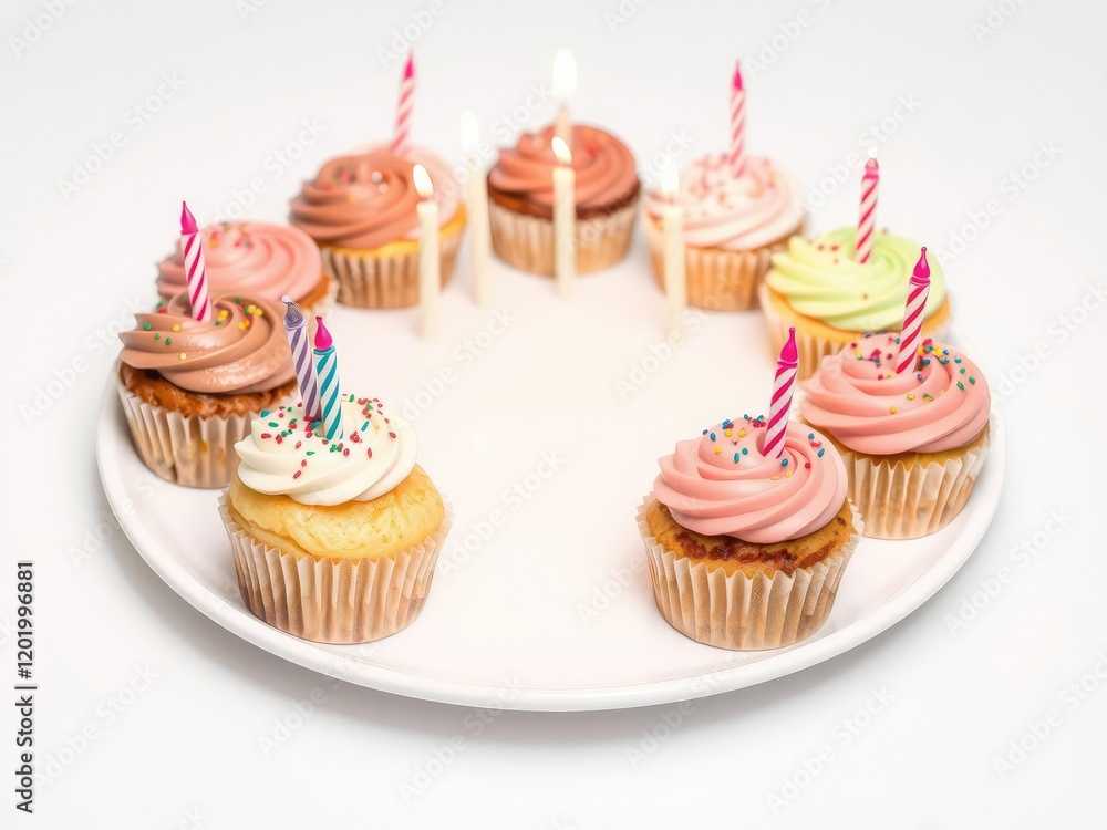 A plate with multiple birthday cupcakes and candles in the center, focal point, cake, decoration A plate with multiple birthday cupcakes and candles in the center, focal point, cake, decoration