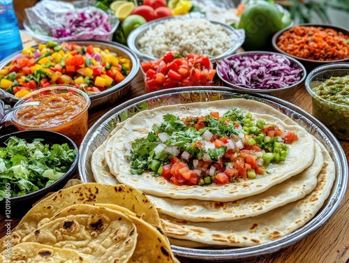 Latin american festival food. Lively Salvadoran pupusa stand at a community festival, complete with colorful toppings and side dishes photo