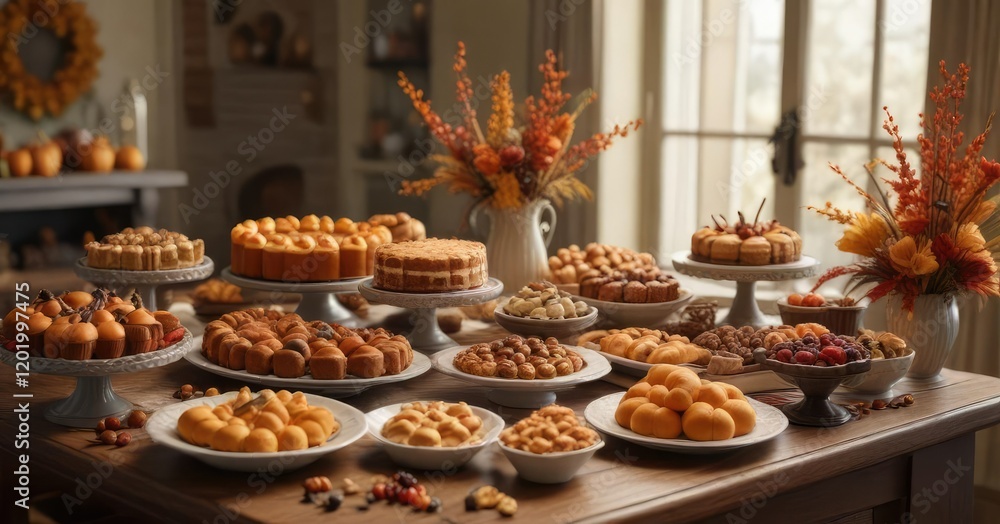 Naklejka premium A warm and inviting Thanksgiving dessert table with a variety of sweet treats, seasonal sweets, Thanksgiving dessert, fall desserts