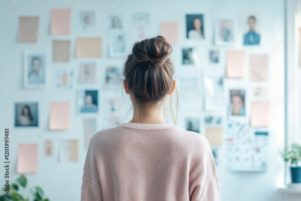 Reflecting on societal standards while gazing at a vision board full of celebrity imagery and role model expectations Reflecting on societal standards while gazing at a vision board full of celebrity imagery and role model expectations