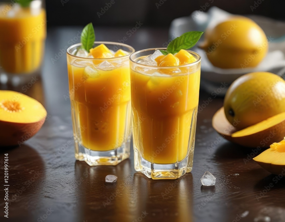 Fototapeta premium A refreshing glass of mango juice filled with ice cubes resting on a table, ice cubes, mango juice