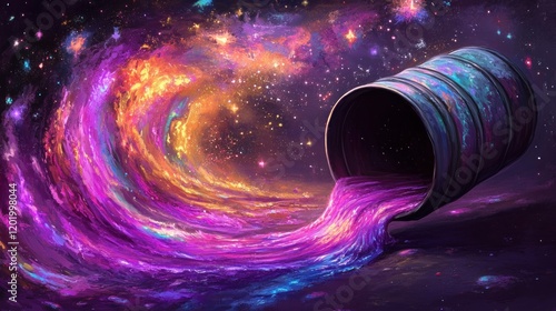 Cosmic liquid pouring from a barrel into space, vibrant colors and nebula. photo