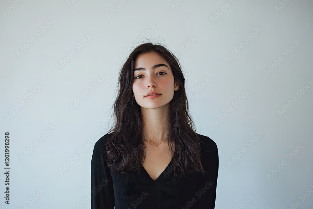 High Resolution Picture of Portrait of Woman Standing Against White Background High Resolution Picture of Portrait of Woman Standing Against White Background