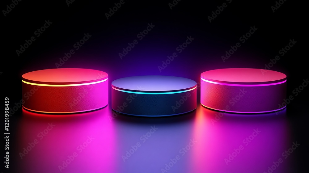 Neon Lit Cylindrical Platforms Displaying Products Neon Lit Cylindrical Platforms Displaying Products