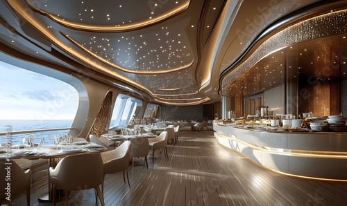 Luxurious dining area with ocean views and elegant lighting on a cruise ship or yacht