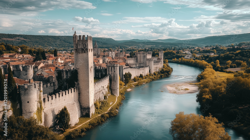 Fototapeta premium medieval castle perched on a cliff, with expansive stone walls and turrets bathed in the soft light of golden hour,