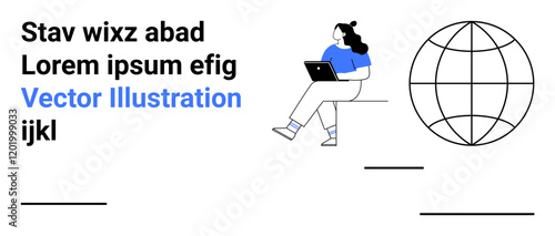 Woman using a laptop seated on a bench, global connectivity icon. Ideal for remote work, global communication, technology, modern lifestyle, online business, education, professional workspace