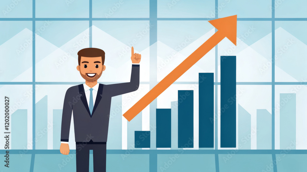 cheerful businessman in suit stands in front of bar chart with upward arrow, symbolizing business growth and success. background features large windows with cityscape view cheerful businessman in suit stands in front of bar chart with upward arrow, symbolizing business growth and success. background features large windows with cityscape view
