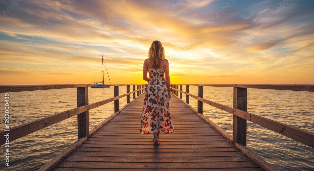 Fototapeta premium Woman walking on wooden pier during golden hour sunset with floral dress representing peaceful exploration freedom and connection with nature for summer outdoor vacation and tranquility concept