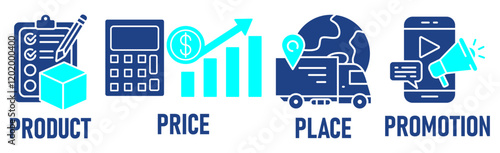 Banner Marketing Mix model illustration concept with icon of  price, product, promotion, place and promotion