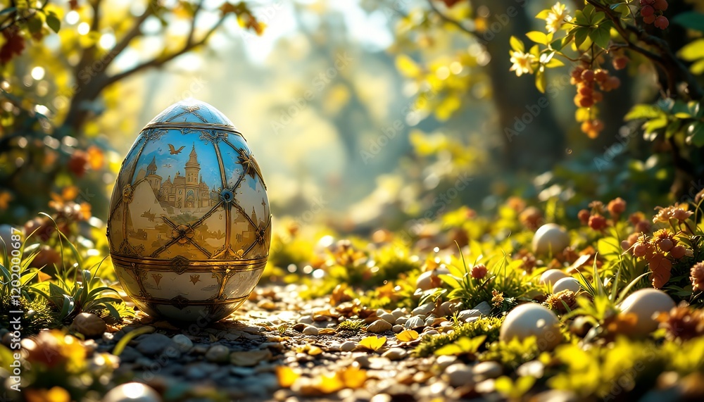 Ornate Easter Egg in a Sunny Forest Setting Ornate Easter Egg in a Sunny Forest Setting