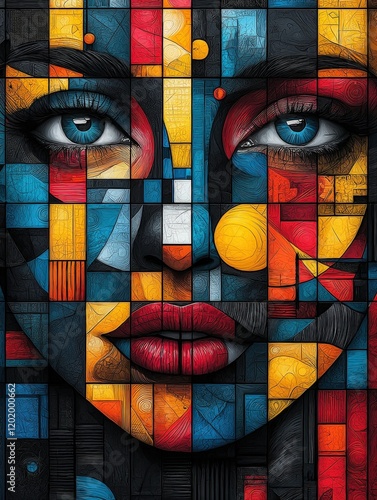 A captivating portrait with a stained-glass aesthetic. Geometric patterns intersect to form a striking face with vibrant colors and expressive eyes. Perfect for art prints, phone cases, or social medi