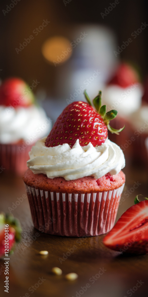 Valentine's Strawberry Cupcake with Whipped Cream and Fresh Strawberry Topping Valentine's Strawberry Cupcake with Whipped Cream and Fresh Strawberry Topping