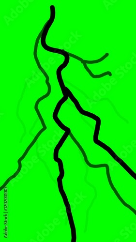 Green screen animation of a lightning strike scribble illustration in an abstract black pattern. 4K