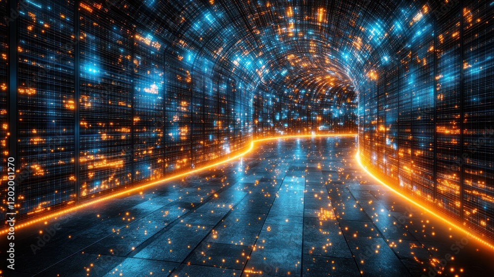 Futuristic glowing tunnel with data streams. Futuristic glowing tunnel with data streams.