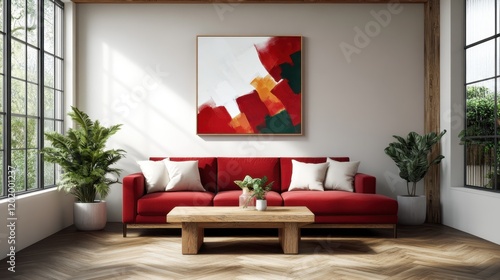 This modern living room features a striking red couch paired with contemporary artwork, highlighting a stylish and bold aesthetic that makes the space feel vibrant and inviting.