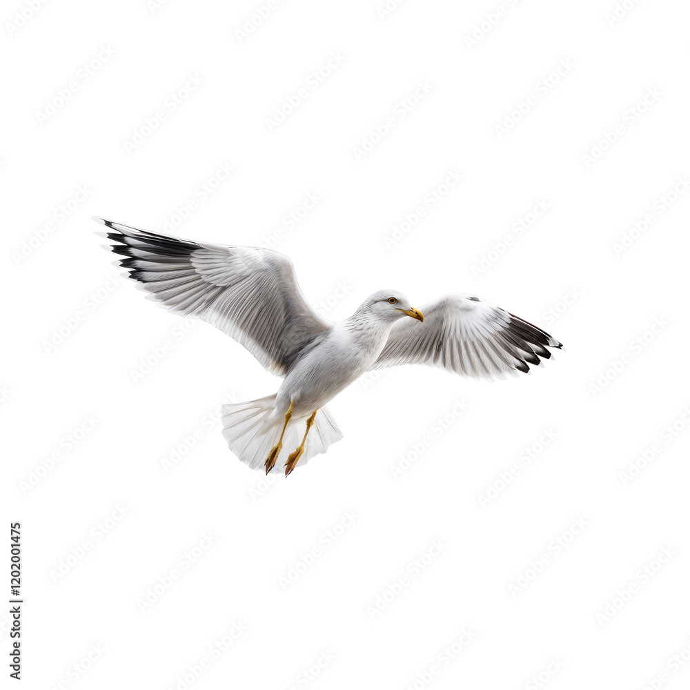 Obraz premium Seagull in Flight: A majestic seagull soars gracefully through the air, its wings outstretched in elegant motion, against a clear sky.
