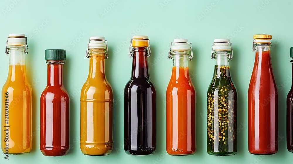 An assortment of bottled sauces arranged artistically on a light mint background An assortment of bottled sauces arranged artistically on a light mint background