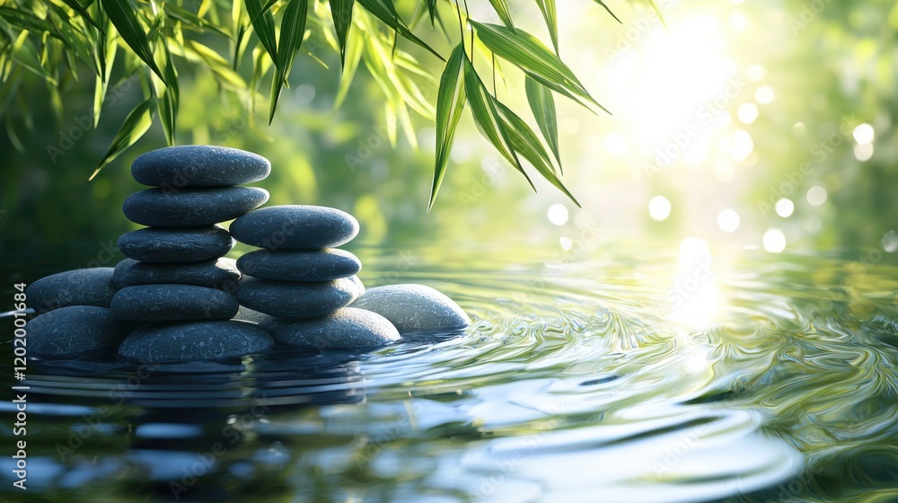 Fototapeta premium A stack of rocks is floating on top of the water