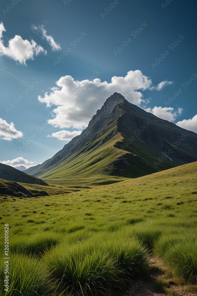 grassy field with a mountain in the background