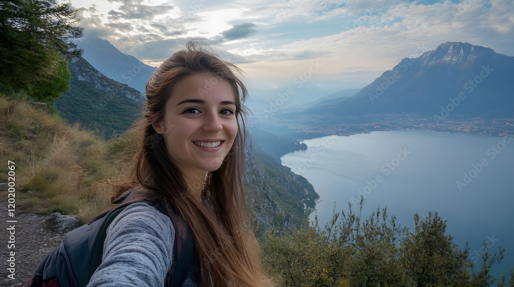 Happy young woman taking a selfie while walking on a mountain with beautiful landscape in the background, enjoying summer vacation Happy young woman taking a selfie while walking on a mountain with beautiful landscape in the background, enjoying summer vacation