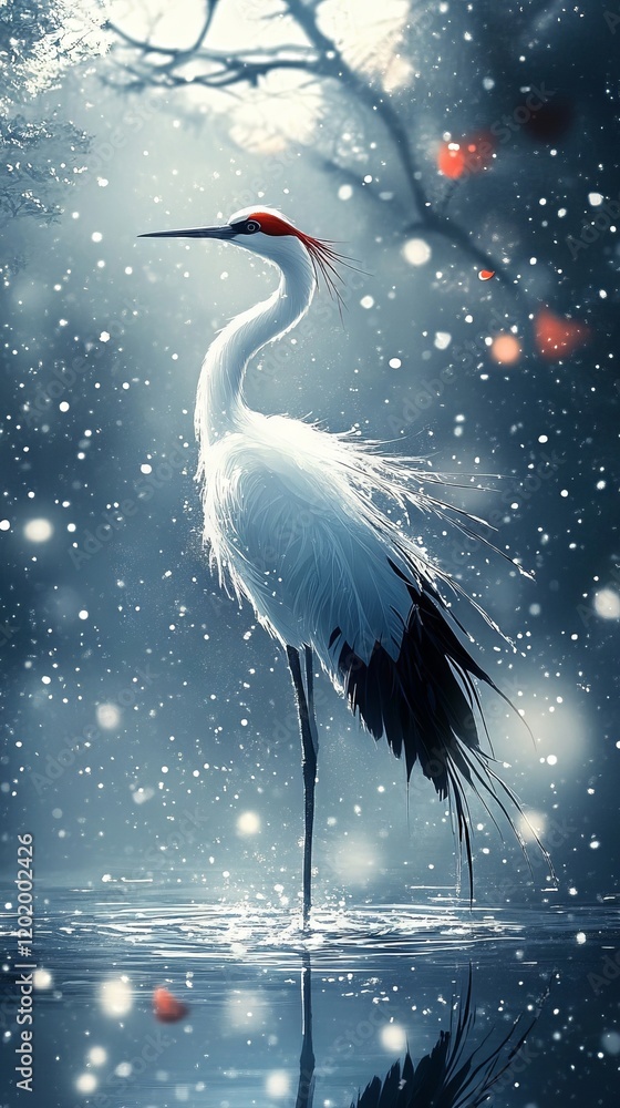 Fototapeta premium Elegant Crane in Winter Wonderland