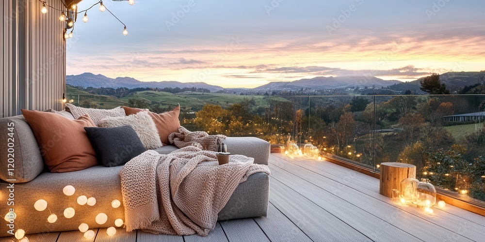 A cozy outdoor terrace with warm blankets and soft cushions, overlooking a serene valley A cozy outdoor terrace with warm blankets and soft cushions, overlooking a serene valley