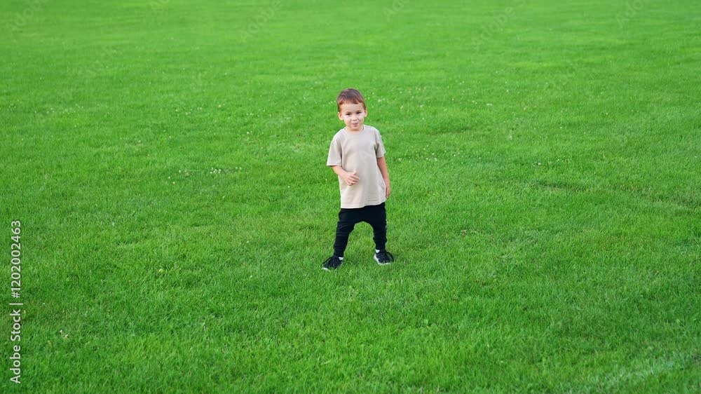 Cute Caucasian baby boy runs joyfully by the green grass. Energetic toddler kid plays with a ball outdoors. Cute Caucasian baby boy runs joyfully by the green grass. Energetic toddler kid plays with a ball outdoors.