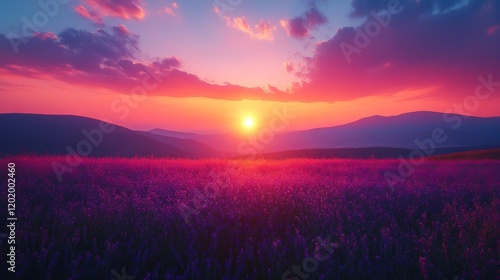 Vibrant lavender field basked in the warm glow of a mesmerizing sunset casting a dreamy purple and orange hue across the landscape photo