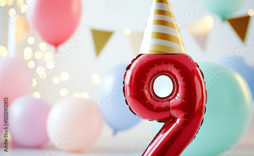 Red number nine balloon wearing a striped party hat, surrounded by colorful balloons, confetti, and bunting in a festive setting. photo