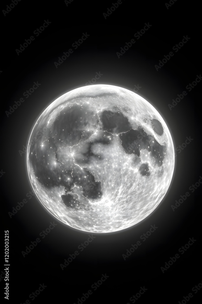 Fototapeta premium Monochrome illuminated full moon, lunar craters, glowing surface, isolated black background