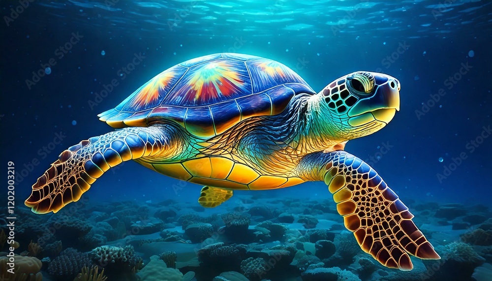 Fototapeta premium cartoon-style turtle with a glowing shell, swimming in clear