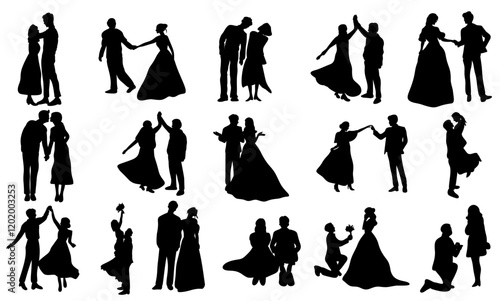 couple full body illustration wedding with varios activties element set silhouettes