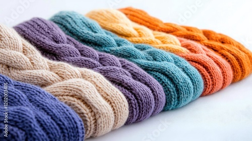 Colorful knitted scarves arranged on white background, showcasing texture and color variety for fashion or craft websites
