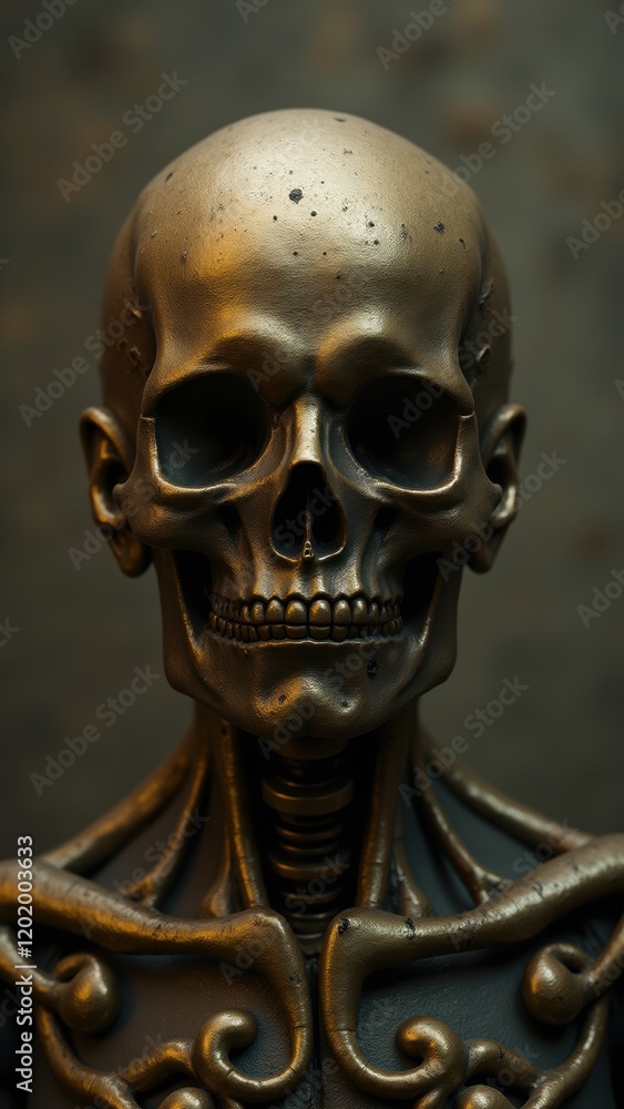 Golden skull bust with intricate mechanical neck and shoulders Golden skull bust with intricate mechanical neck and shoulders