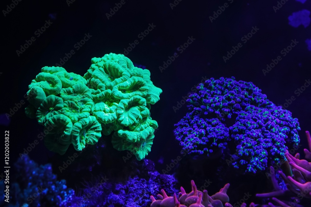 Obraz premium Caulastraea curvata green fluorescent colony, Euphyllia divisa lps coral, laminar wave flow, reef marine aquadesign, frag plug, live rock ecosystem in actinic blue LED, aquafarm hobby, aquarist care