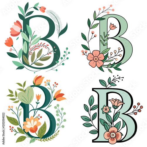letter B decorated with delicate flowers and leaves generative ai