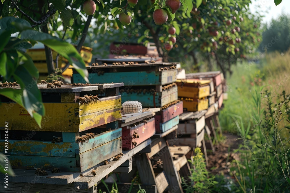 High Definition Image of Beekeeping in an Apple Orchard with Wooden Beehives and Bees High Definition Image of Beekeeping in an Apple Orchard with Wooden Beehives and Bees