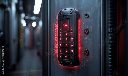 Red-lit keypad in train, security system photo