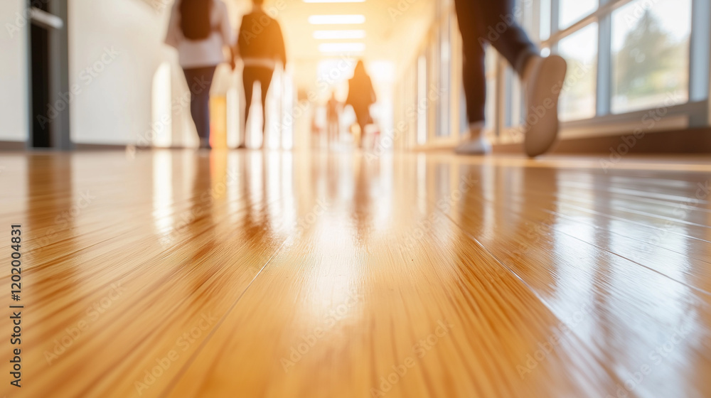 Low-angle view of a person walking on a sunlit wooden floor in a hallway with reflections and blurred figures in the background.