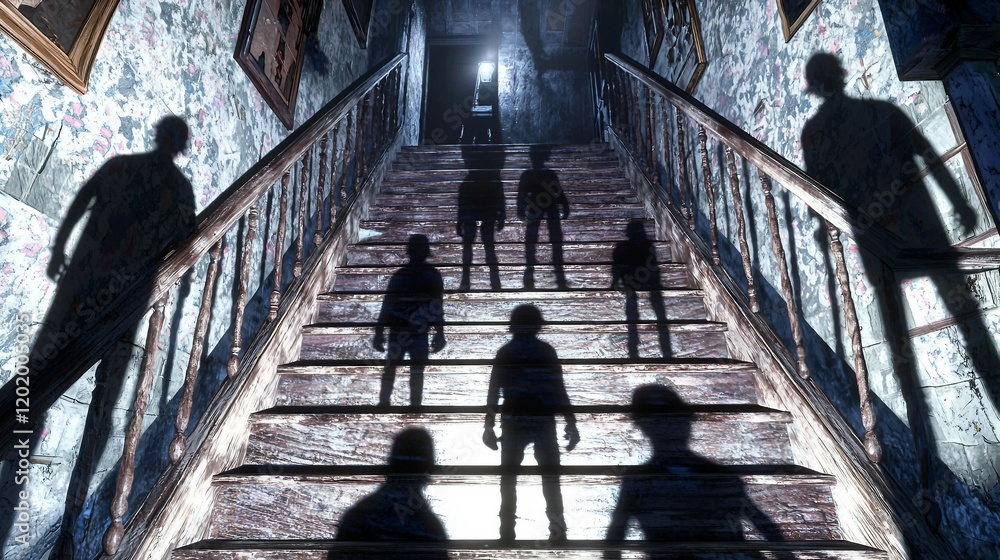 Eerie Shadows on Abandoned Stairs in Dimly Lit Environment Eerie Shadows on Abandoned Stairs in Dimly Lit Environment