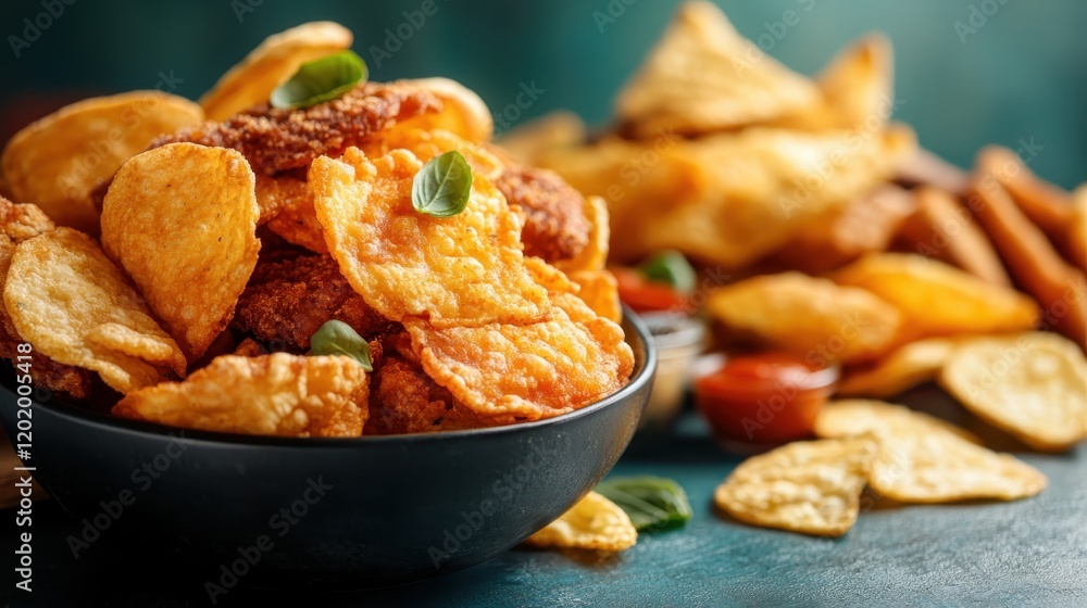 A delicious assortment of crispy snacks piled high in a bowl, showcasing a variety of textures and colors, perfect for parties or enjoying while snacking at home. A delicious assortment of crispy snacks piled high in a bowl, showcasing a variety of textures and colors, perfect for parties or enjoying while snacking at home.