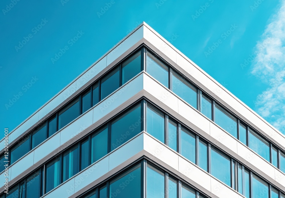 Modern Architectural Design Featuring Geometric Lines and Reflective Glass Windows Against a Bright Blue Sky Modern Architectural Design Featuring Geometric Lines and Reflective Glass Windows Against a Bright Blue Sky