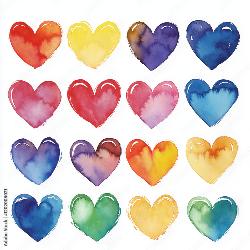 Fototapeta premium Colorful watercolor hearts in a grid pattern showcasing vibrant hues and artistic flair for creative projects