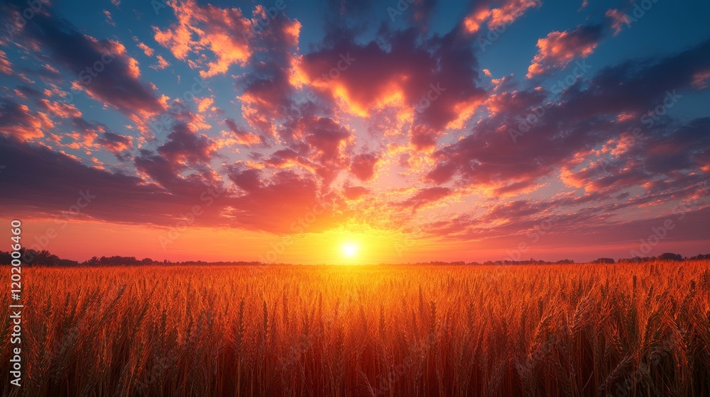 Fototapeta premium Golden Hour Symphony: A vibrant sunset paints a wheat field in fiery hues under a dramatic sky with unique cloud patterns